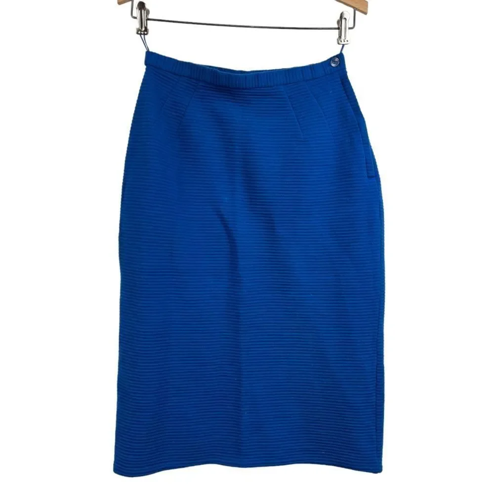 Vintage 80s Royal Blue Ribbed Pencil Wiggle Skirt Side Zipped